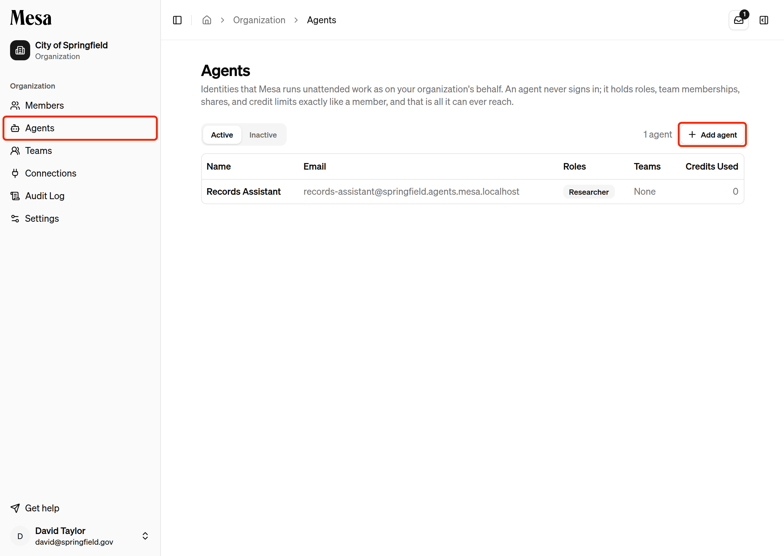 The Agents page with the Agents sidebar entry and the Add agent button highlighted