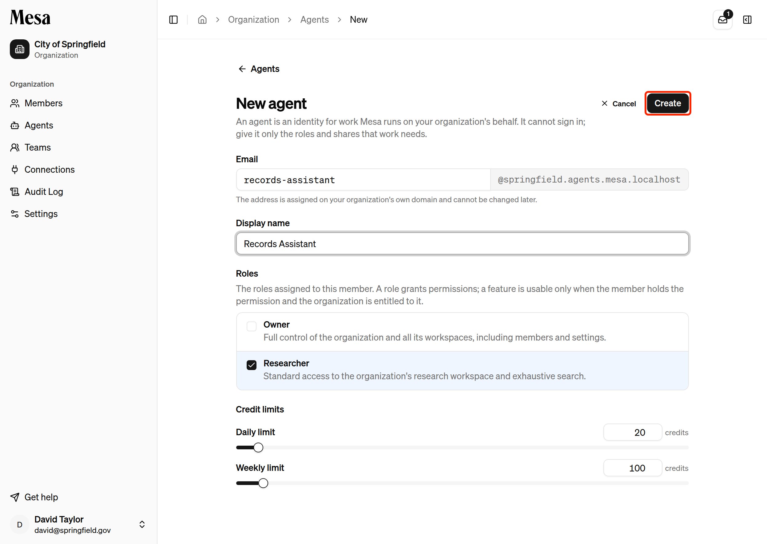 The New agent form filled in, with the Create button highlighted