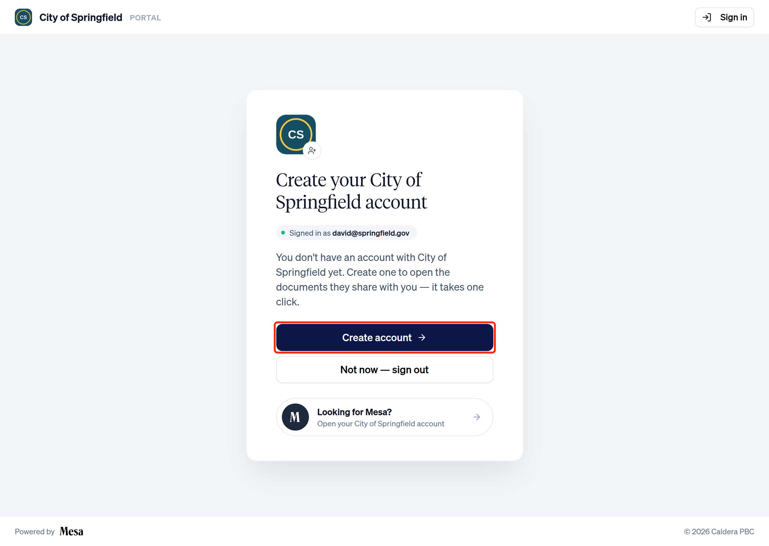 The portal prompt to create an account with the organization, with the Create account button highlighted