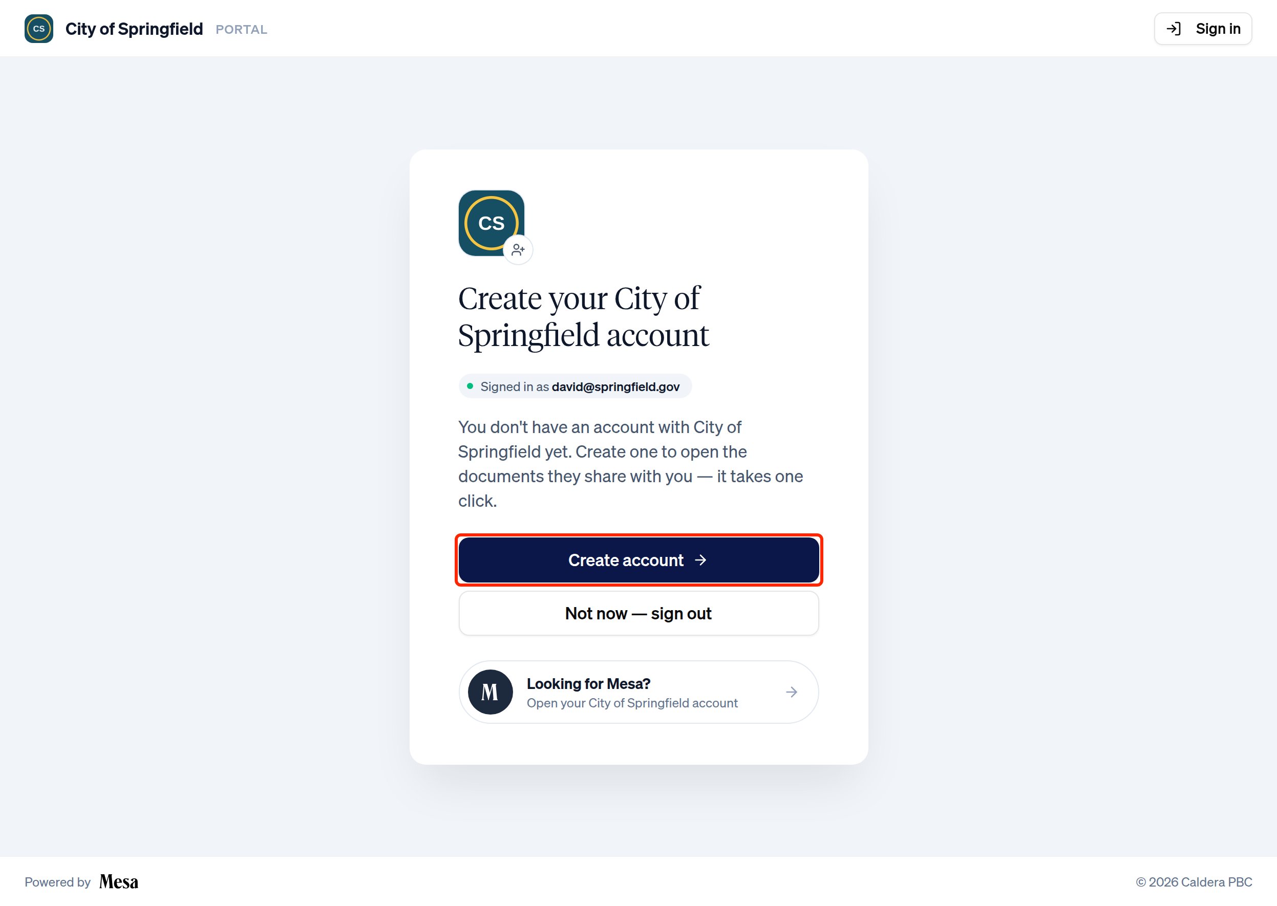 The portal prompt to create an account with the organization, with the Create account button highlighted