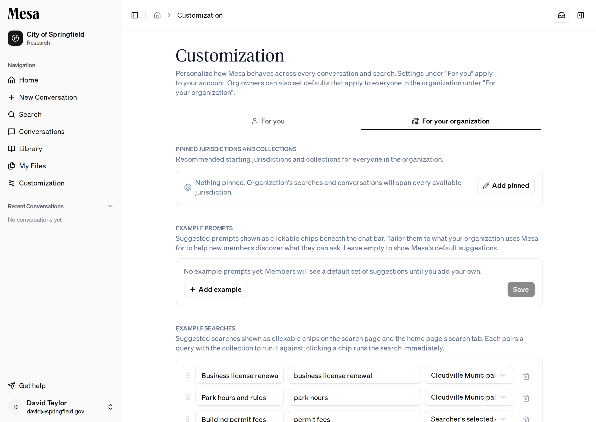 Editing example searches under the organization tab
