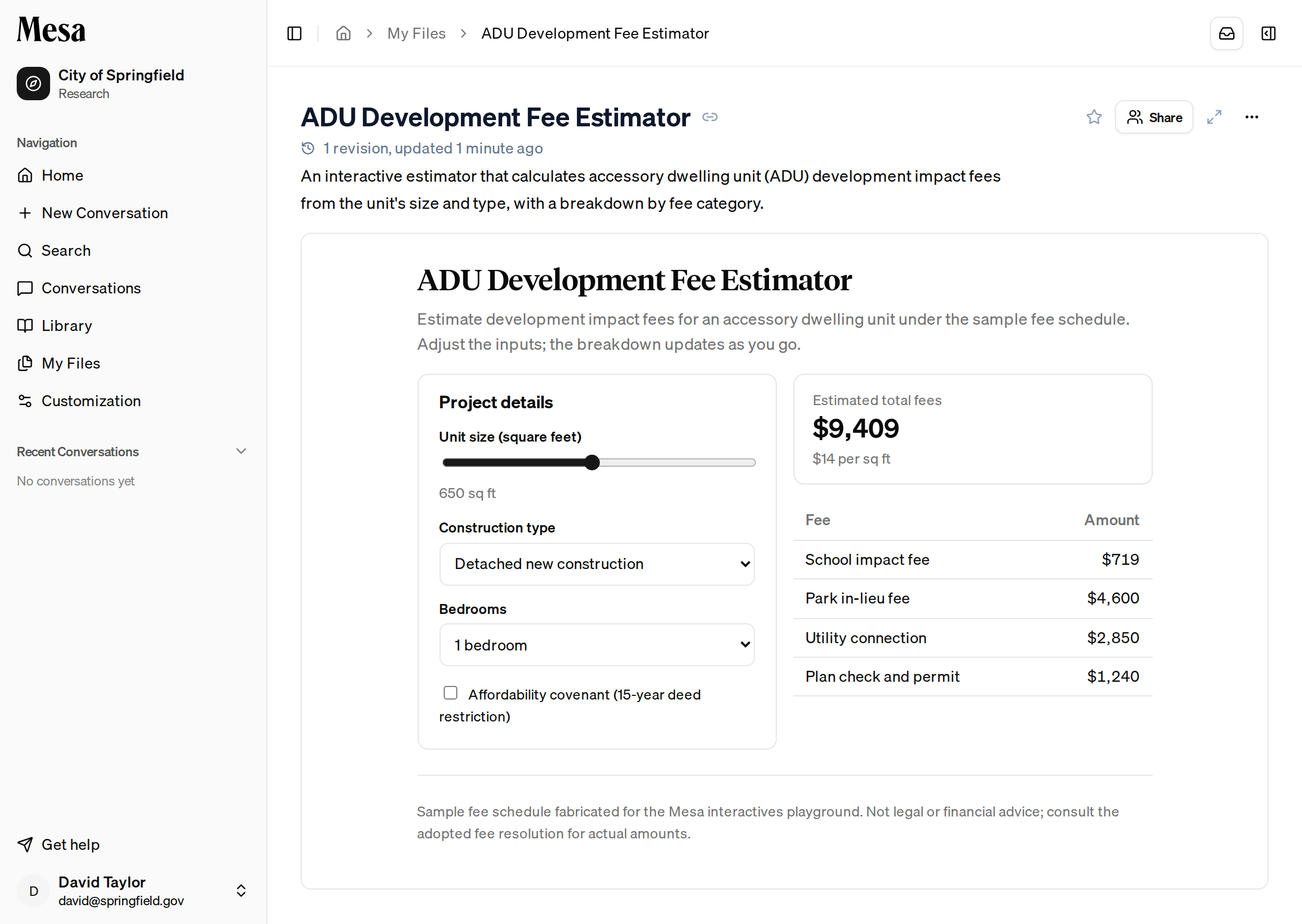 An interactive fee estimator open in Mesa