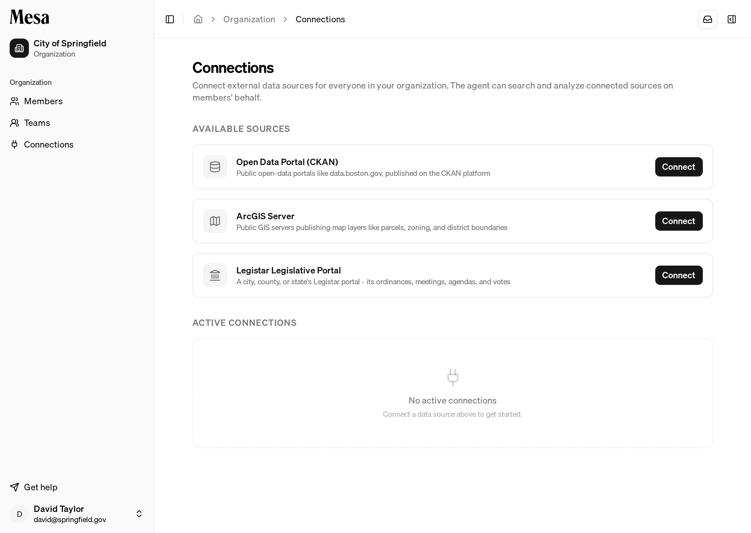 The organization Connections page with available sources