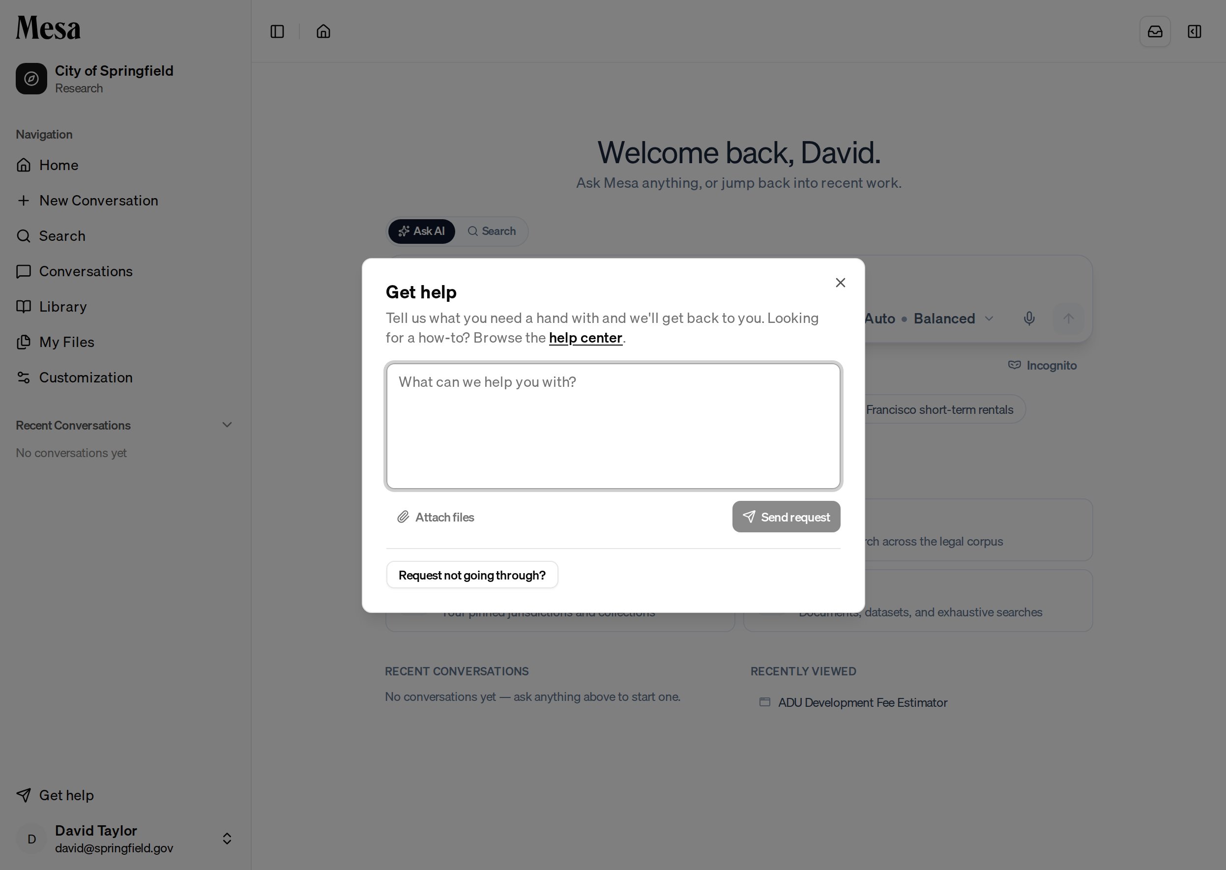 The Get help support request dialog
