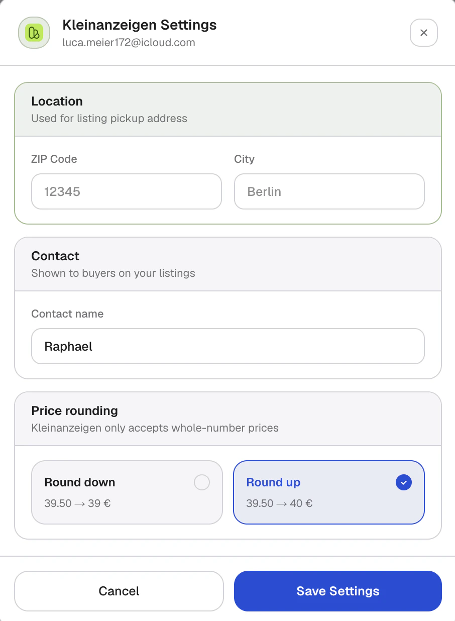 Kleinanzeigen account settings