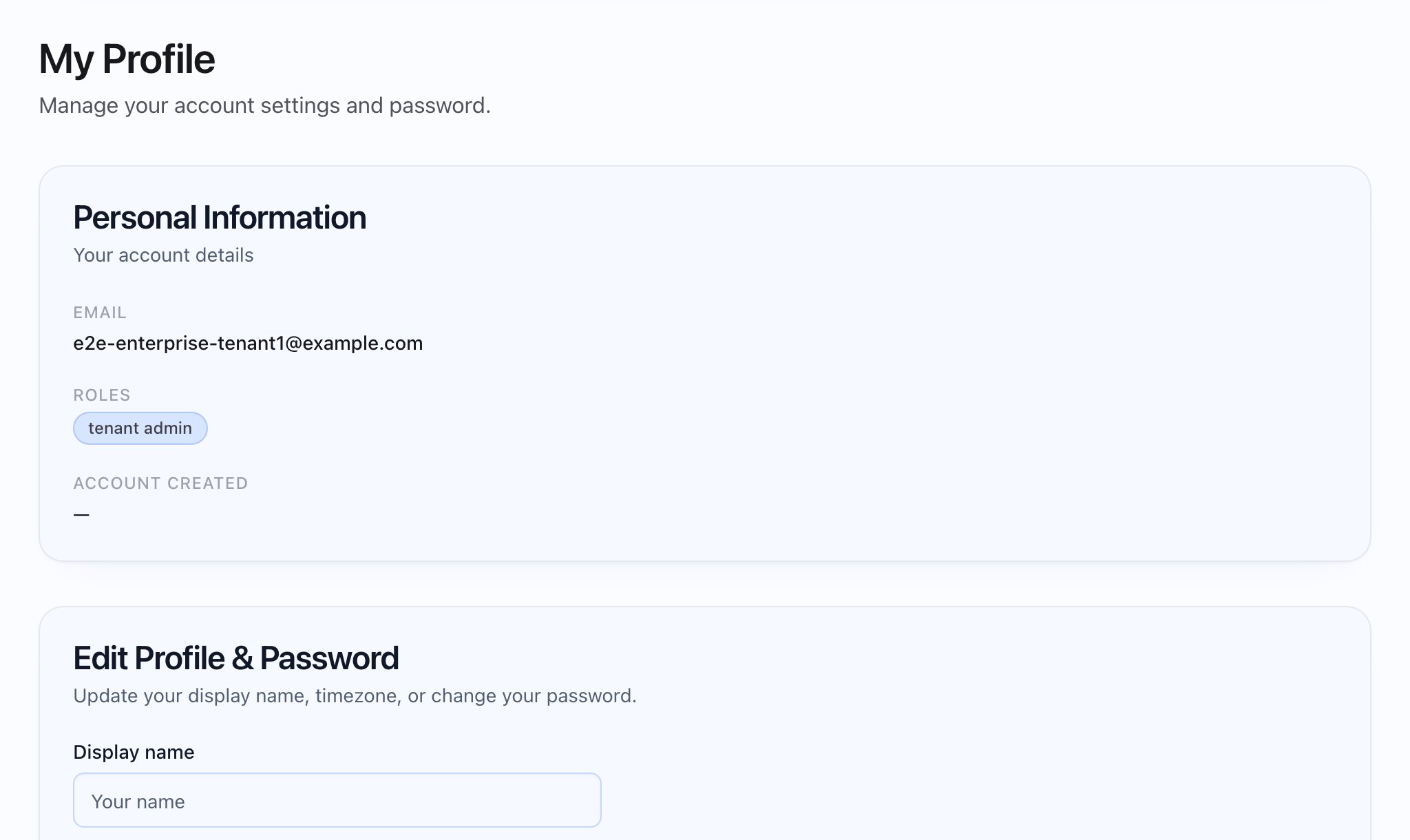 My Profile page showing account settings and timezone.