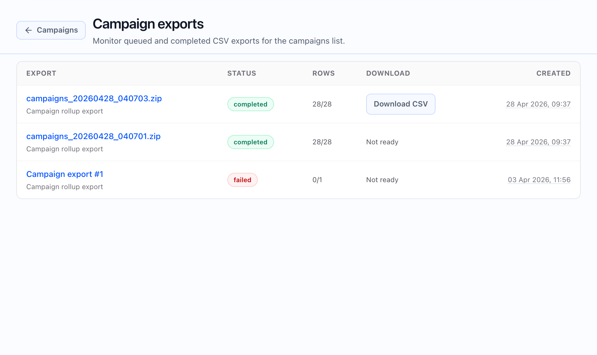 Reports export page in Callaro.