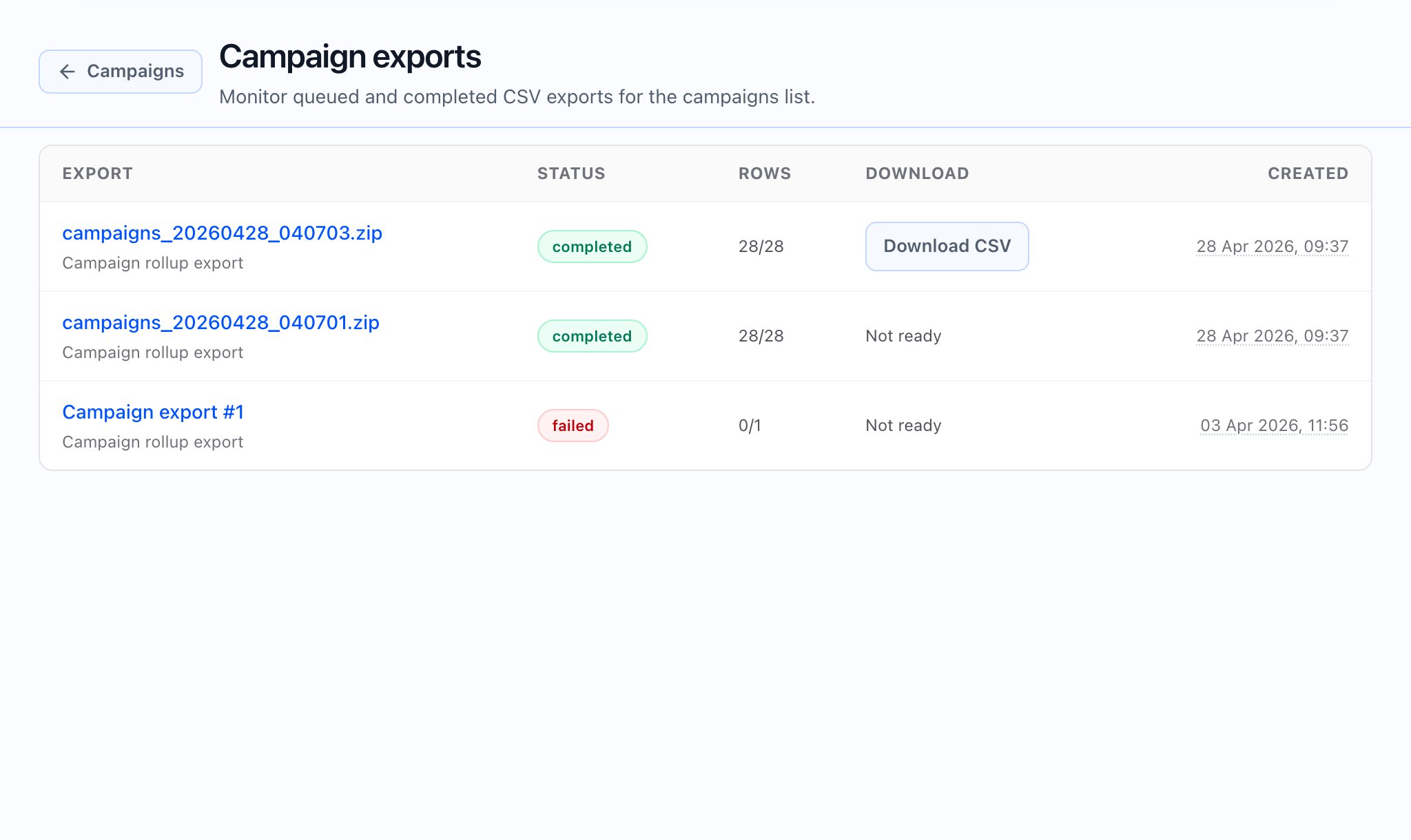 Reports export page in Callaro.