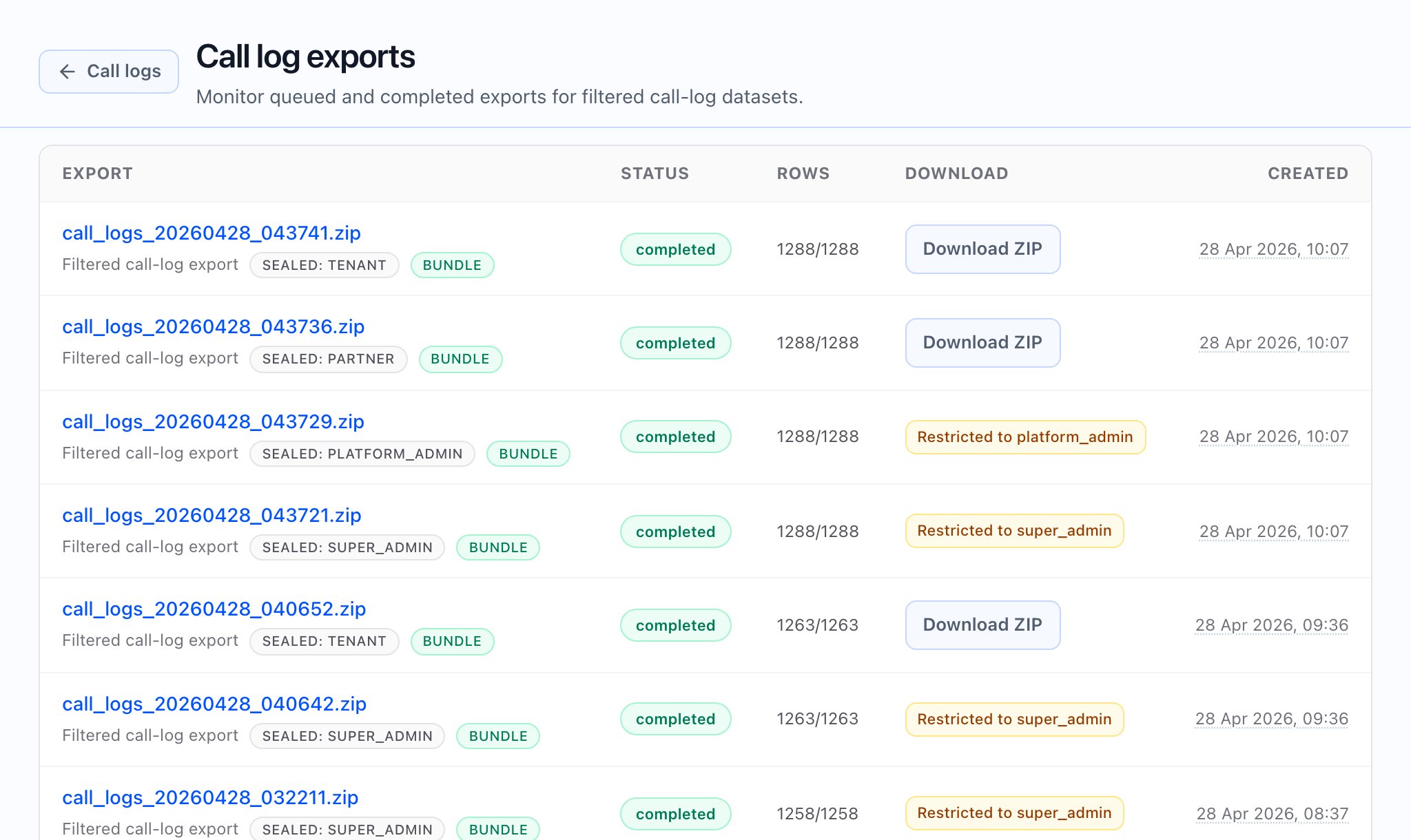 Call log CSV export and history in Callaro.