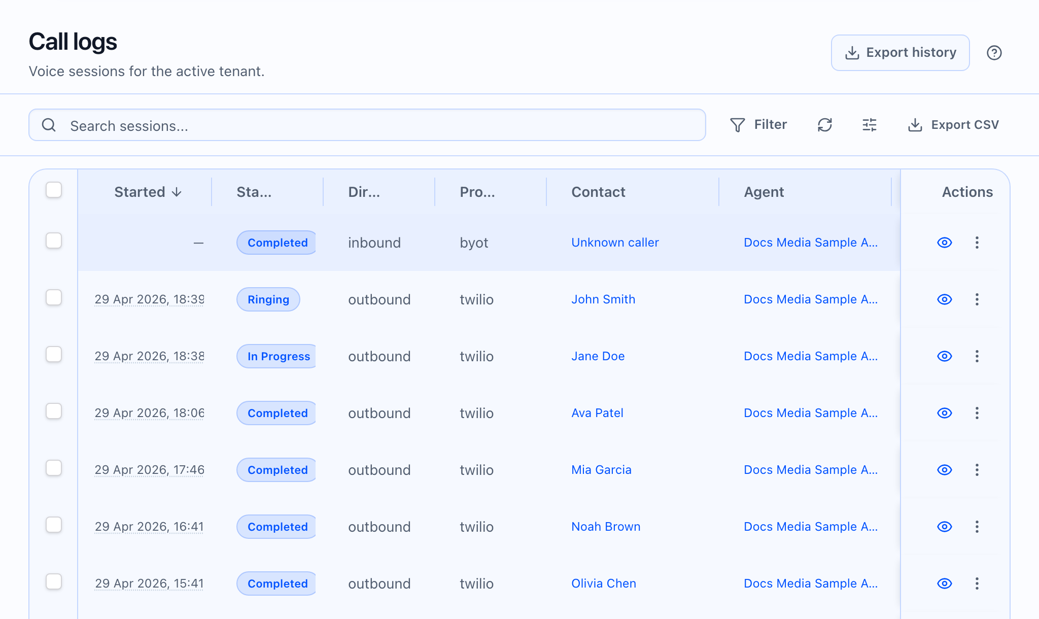 Call logs list—start here in Callaro.