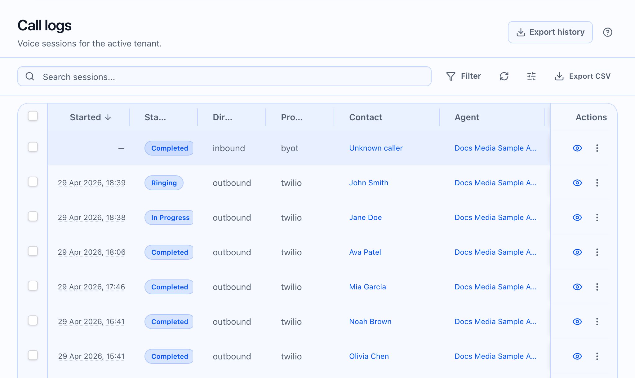 Call logs list page with sessions.