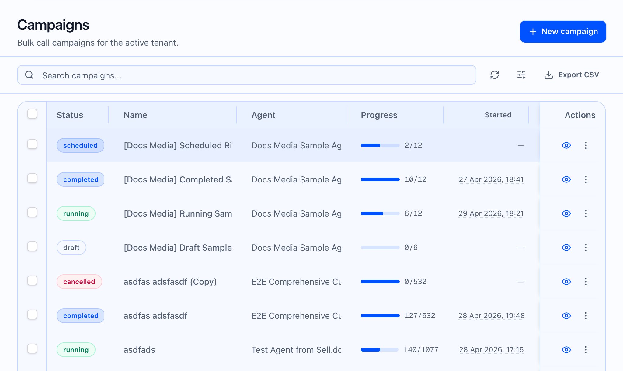 Campaigns list with search, table of campaigns, and New campaign.