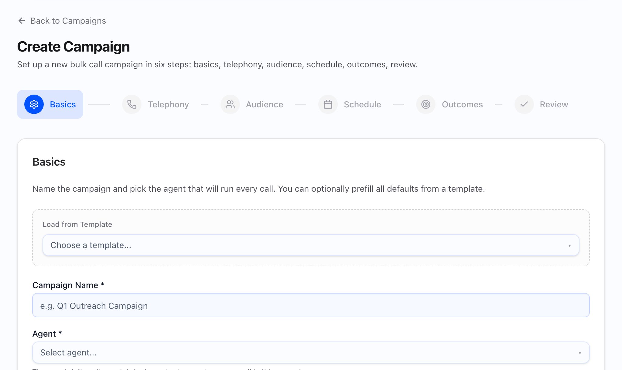 Create Campaign wizard with stepper and Basics step.