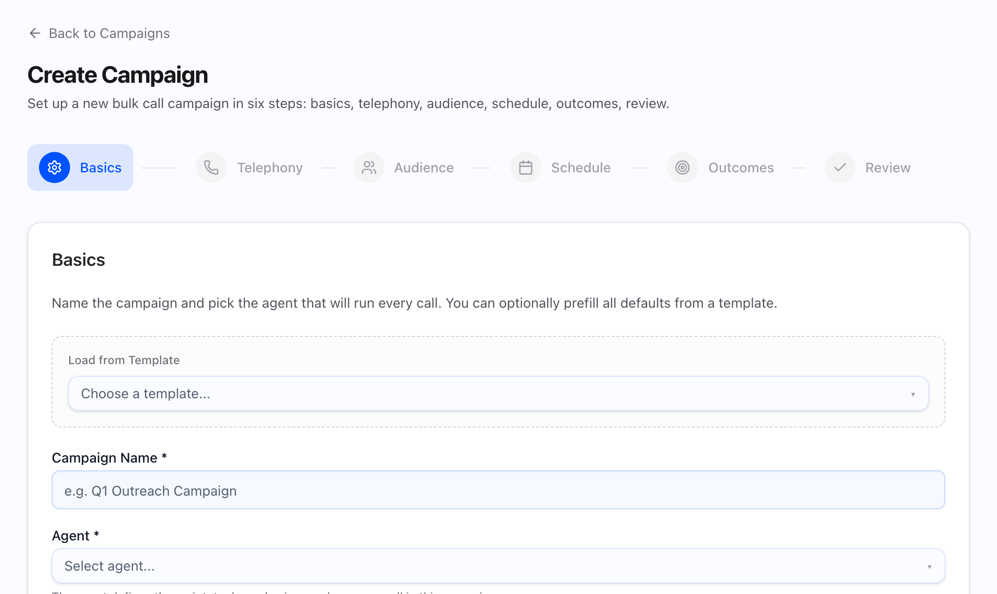Campaign wizard Audience step with contact source options and configuration panel.