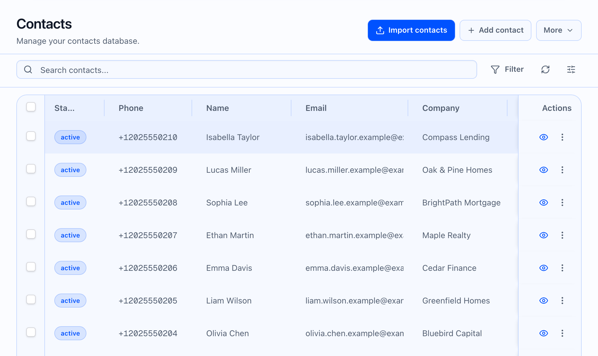 Contacts list page with search and actions.