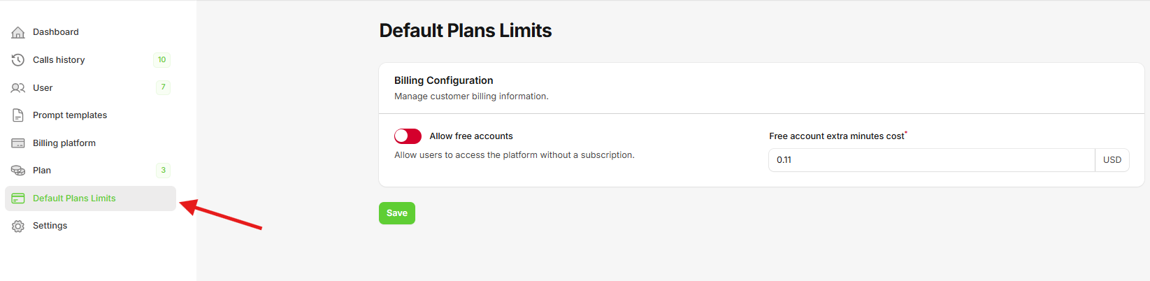 Default Plan Limits Configuration