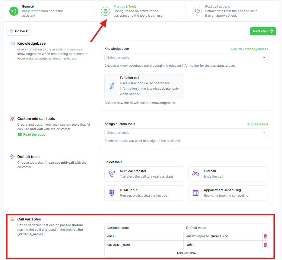 Call variables including email collection