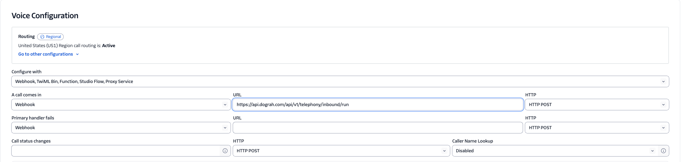 Configuração de voz do número de telefone Twilio mostrando a configuração da URL do webhook para chamadas recebidas