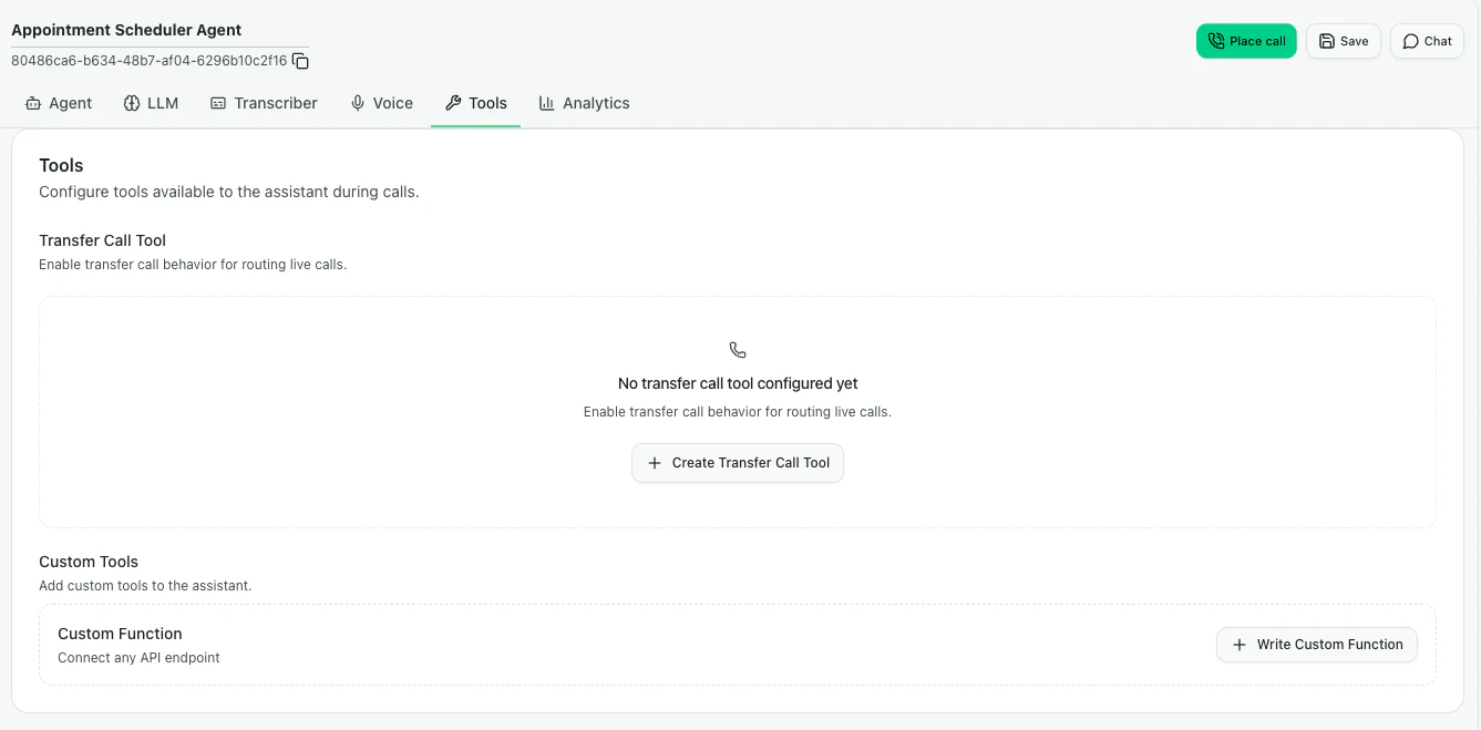 CallHQ assistant Tools tab with transfer call and custom function tools