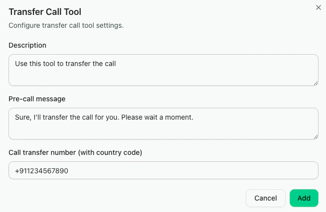CallHQ assistant Tools tab with transfer call and custom function tools