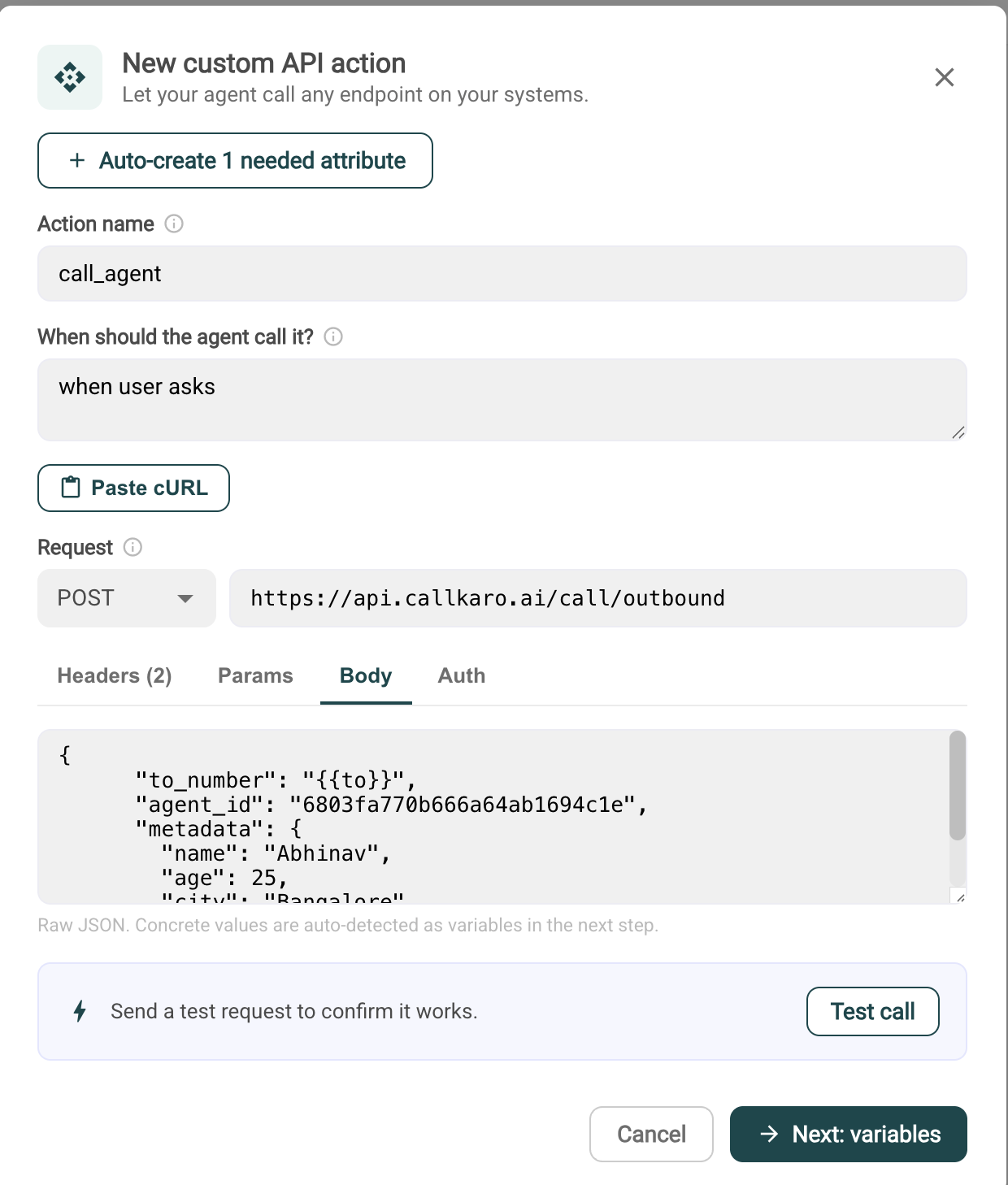 New custom API action for outbound calls