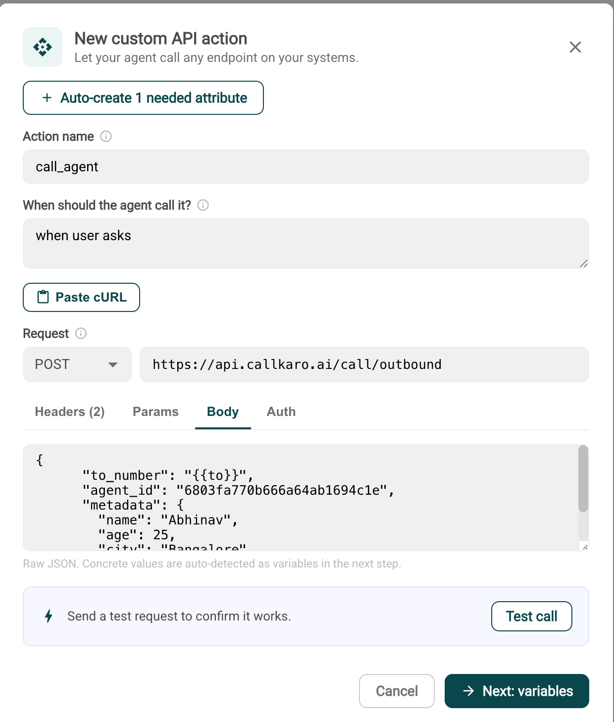 New custom API action for outbound calls