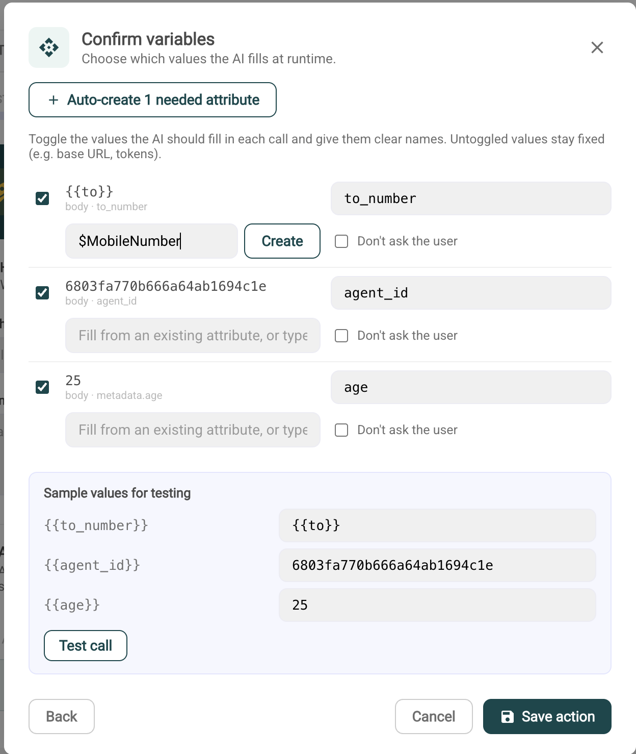 Confirm variables for outbound call action