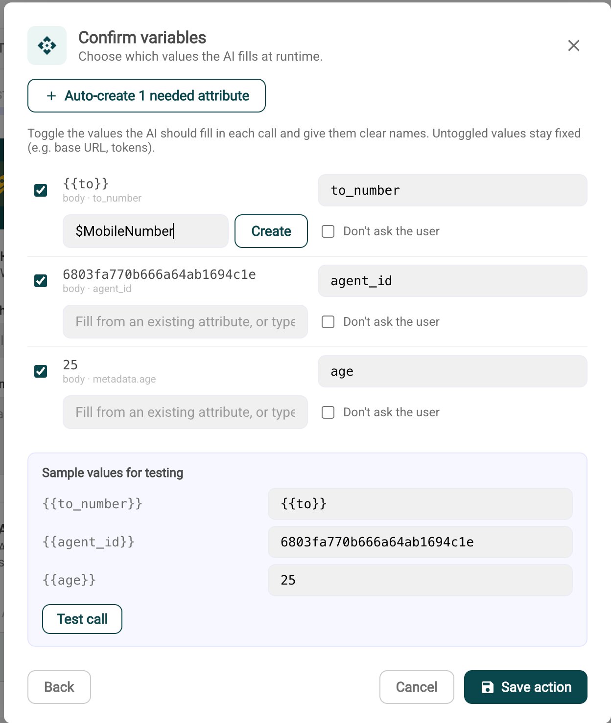 Confirm variables for outbound call action