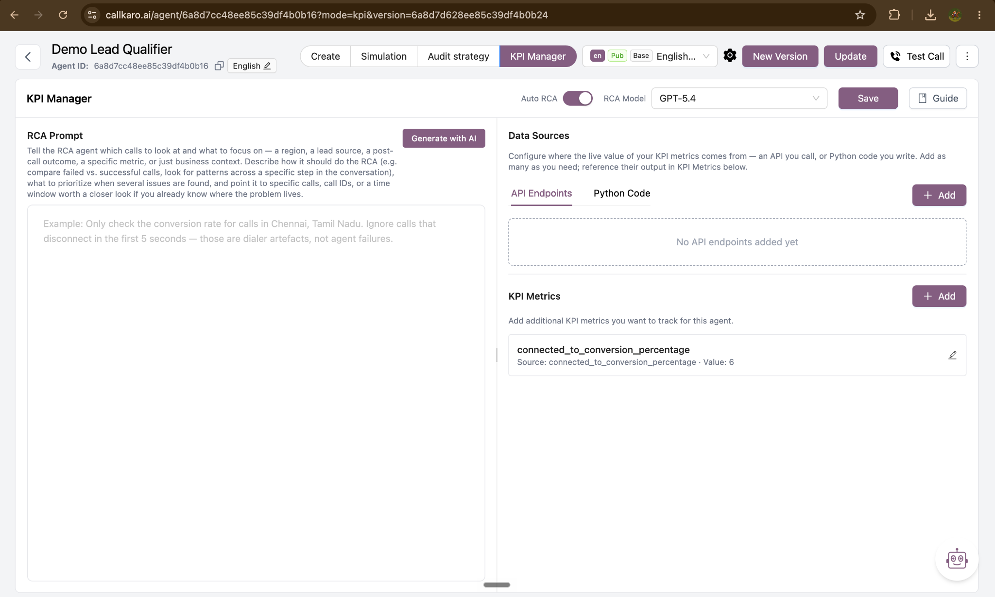 KPI Manager configuration screen