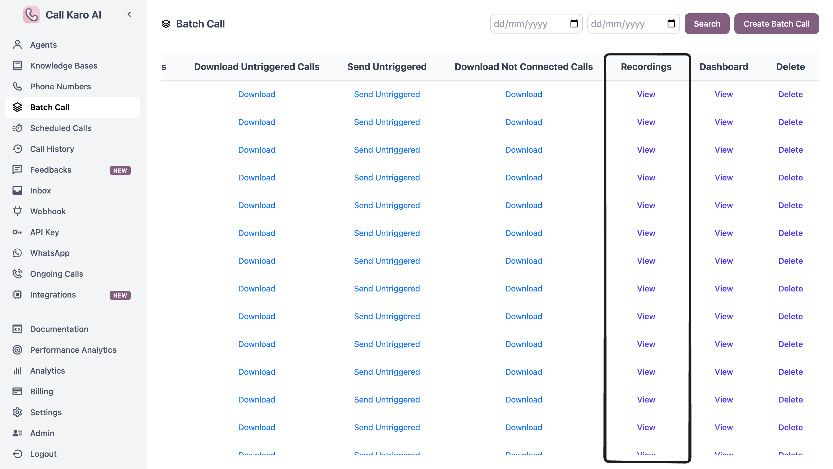 Batch Call Recordings