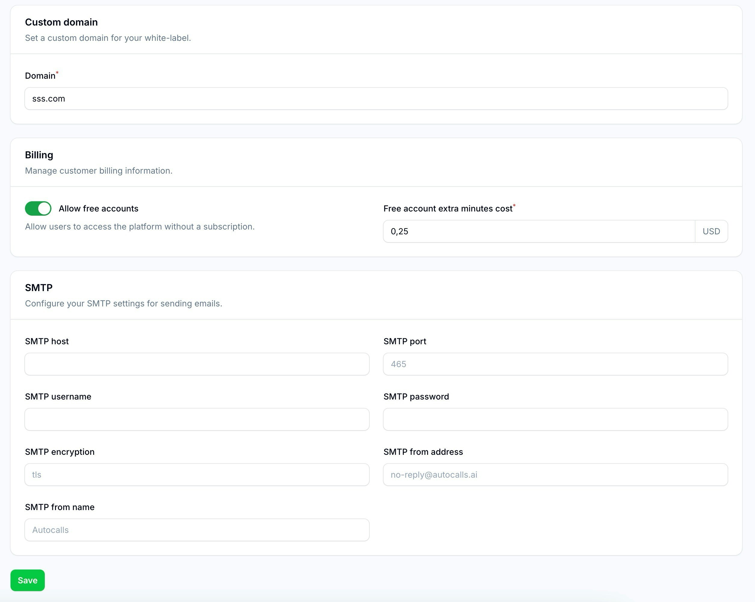 White Label Settings Page