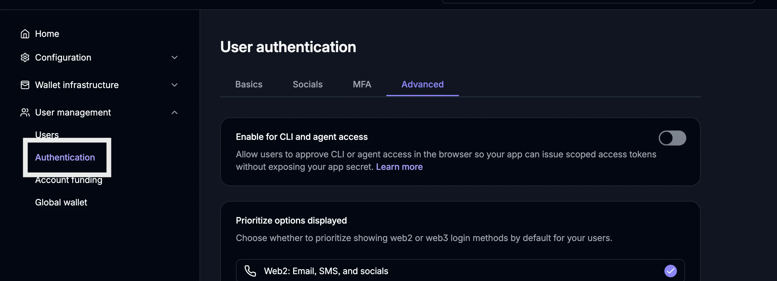 Privy User Authentication settings panel, Advanced tab selected