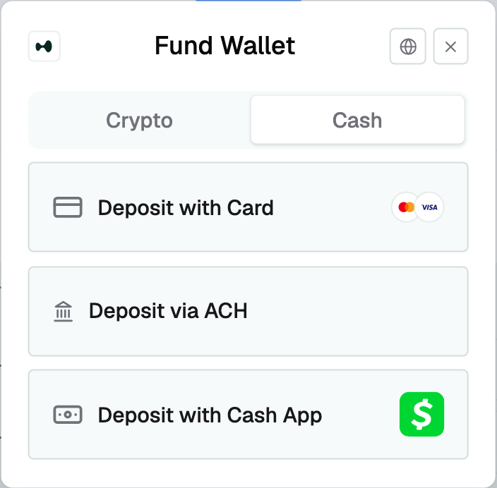Picker with the cash tab active, showing Deposit with Card, Deposit via ACH and Deposit with Cash App
