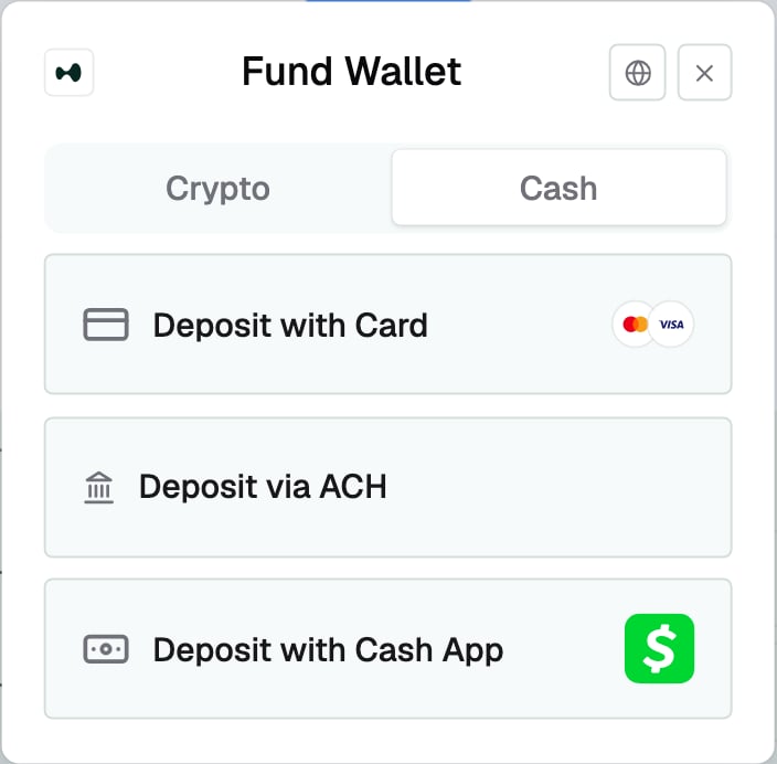 Picker with the cash tab active, showing Deposit with Card, Deposit via ACH and Deposit with Cash App