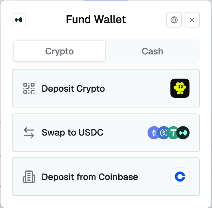 Picker with Crypto and Cash tabs, crypto tab active, showing Deposit Crypto, Swap to USDC and Deposit from Coinbase