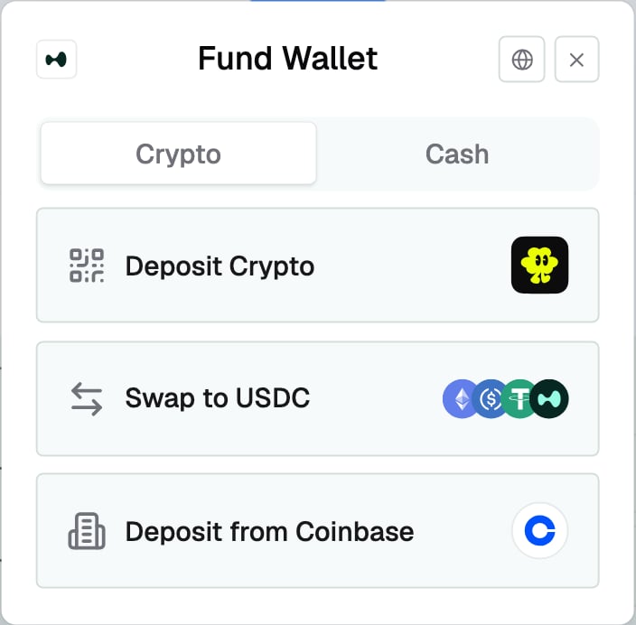 Picker with Crypto and Cash tabs, crypto tab active, showing Deposit Crypto, Swap to USDC and Deposit from Coinbase