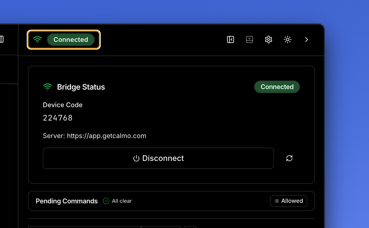 Bridge Status panel showing connected state with device code