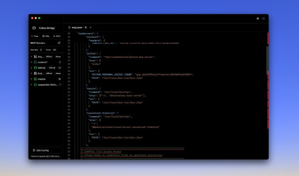 MCP configuration file open in the integrated editor