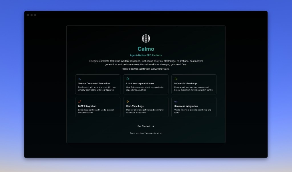Welcome screen showing Calmo Bridge IDE features
