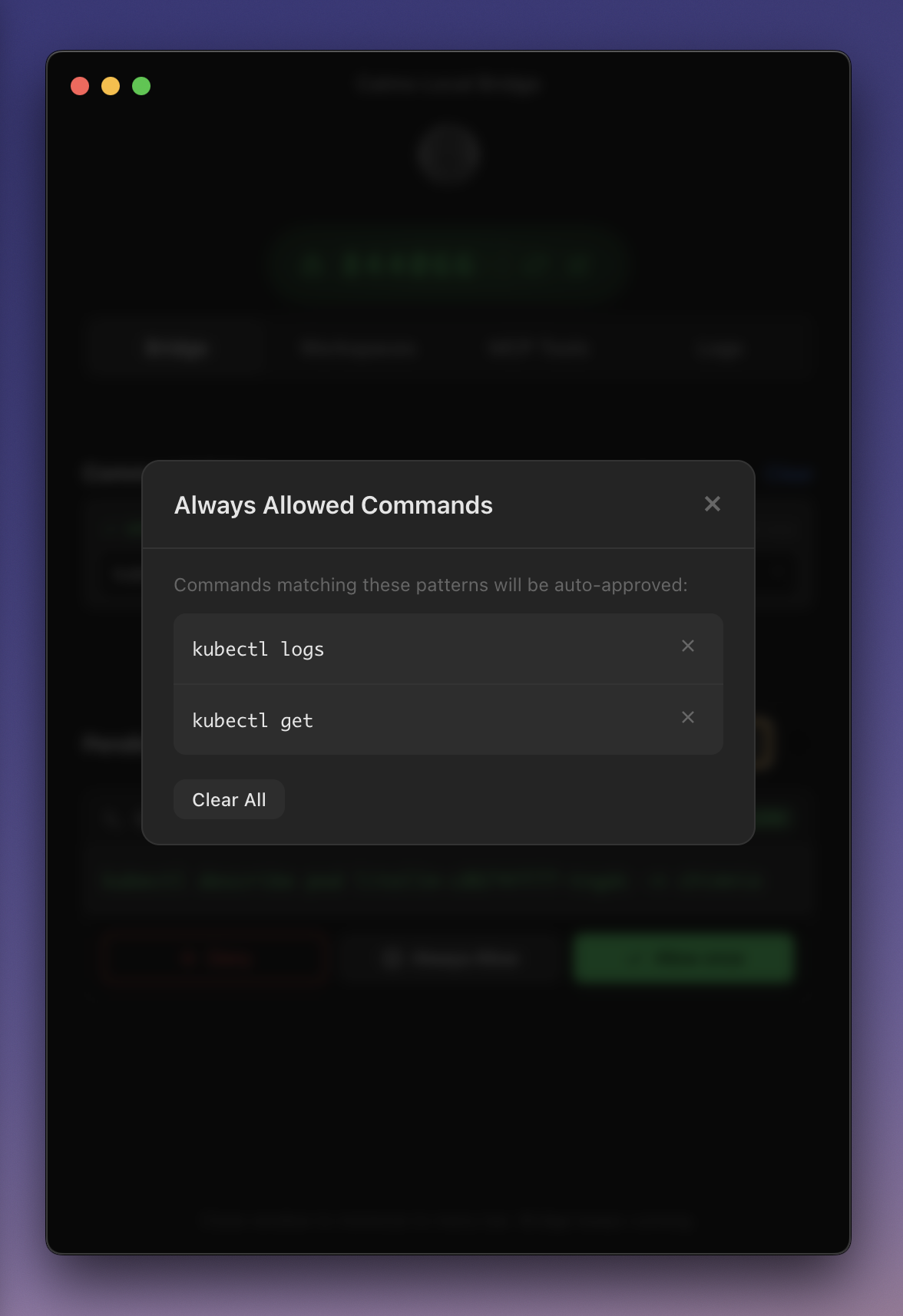 Always Allowed Commands modal