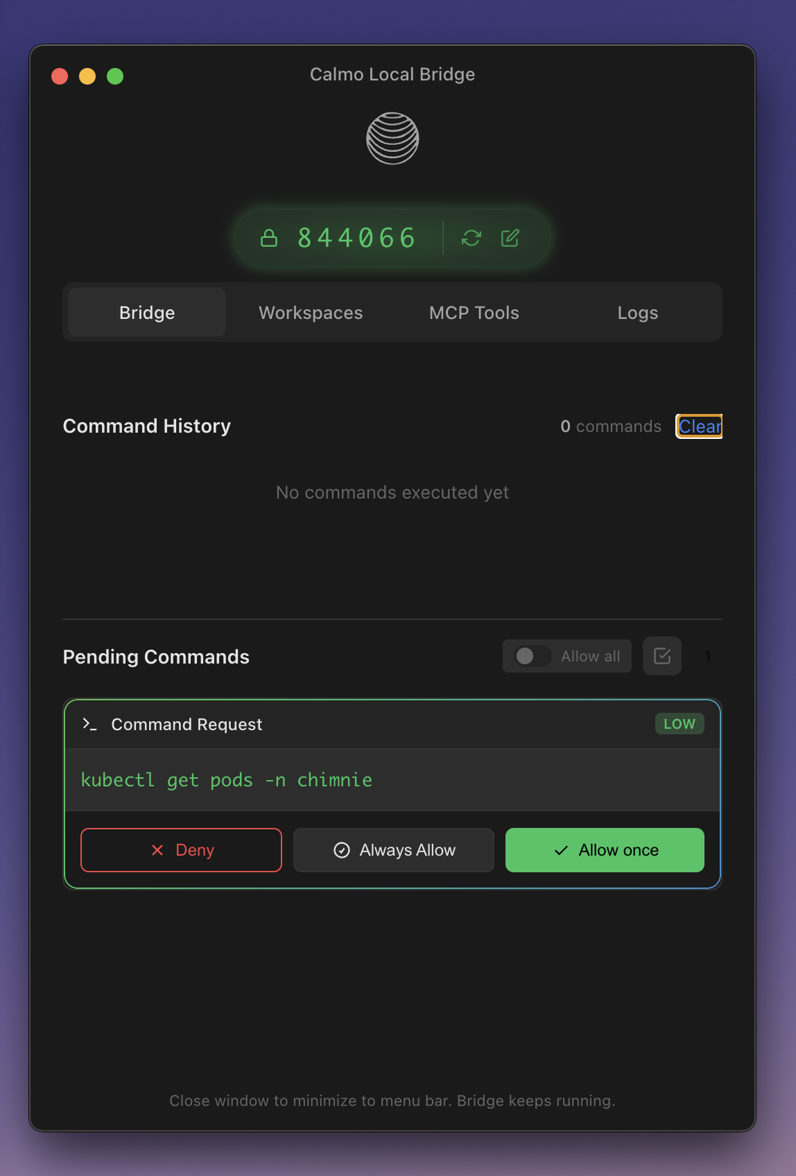 Command approval flow showing pending commands