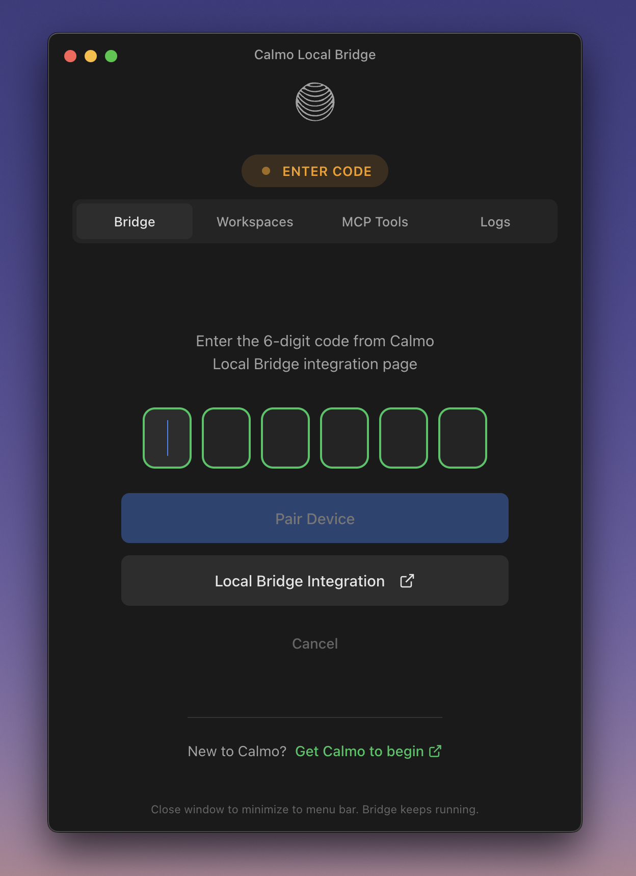 Entering pairing code in the bridge app