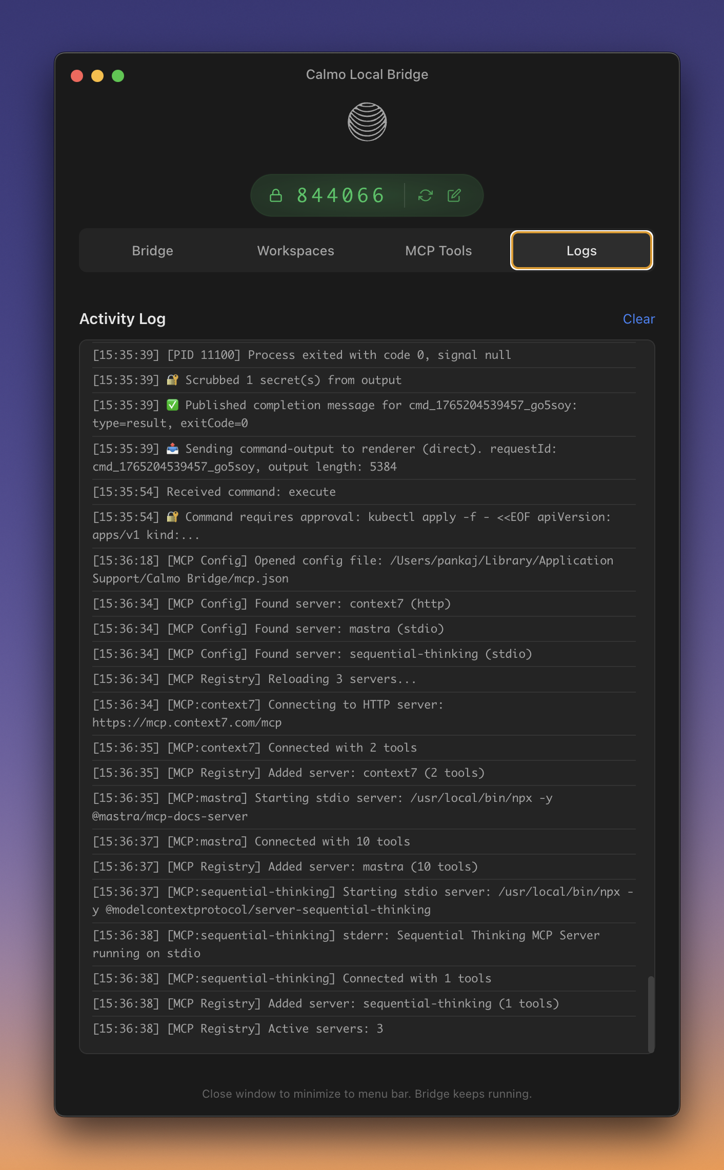 Activity log showing detailed bridge events