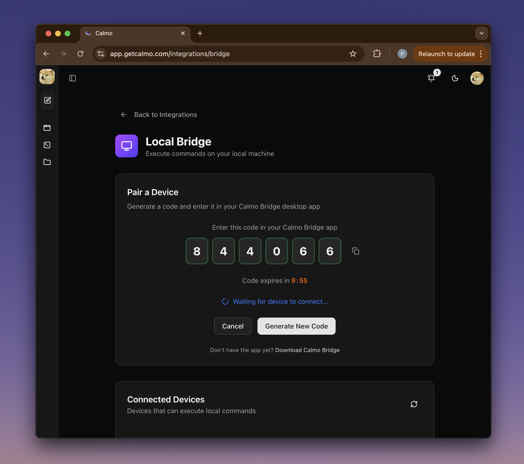 Calmo web interface showing pairing code generation