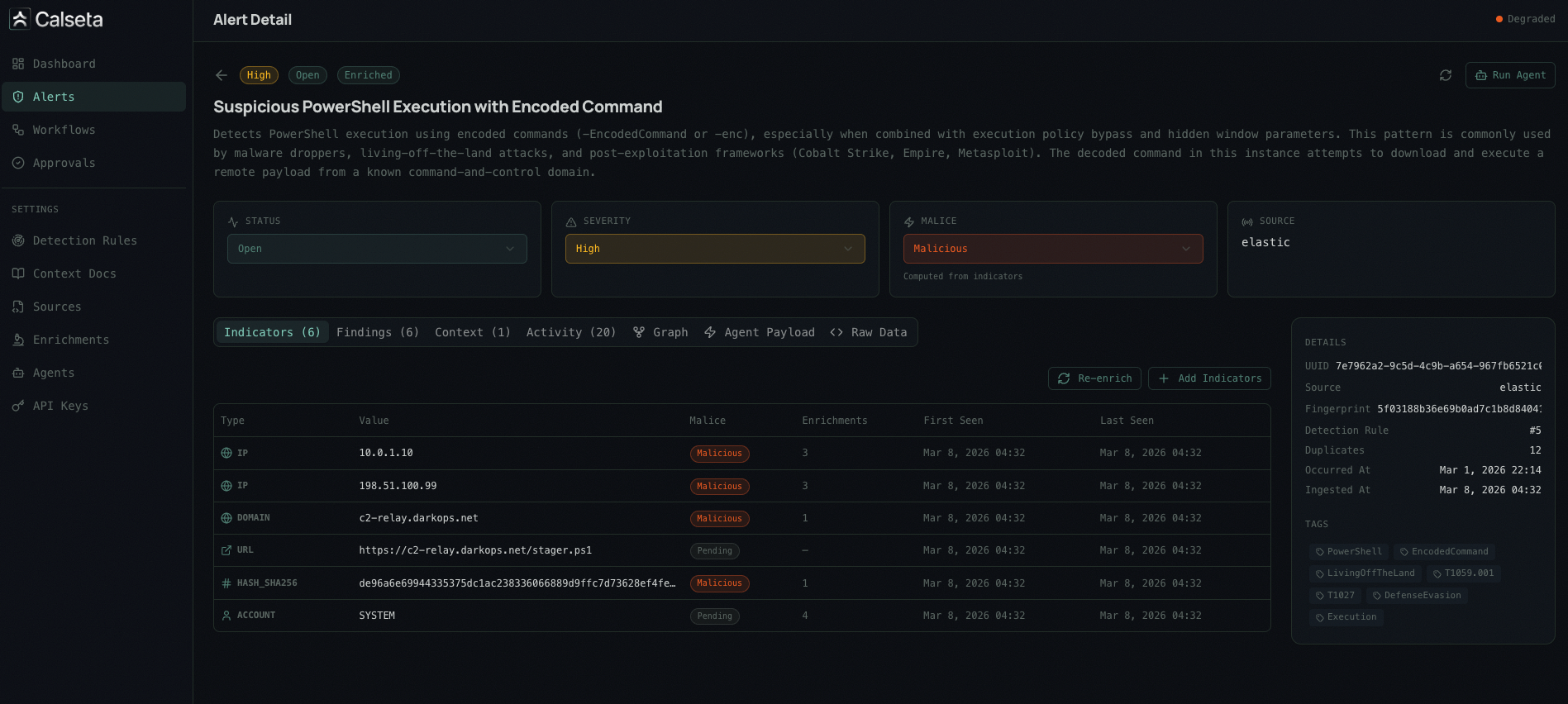 Calseta UI — Alert detail with indicators, enrichment results, and context