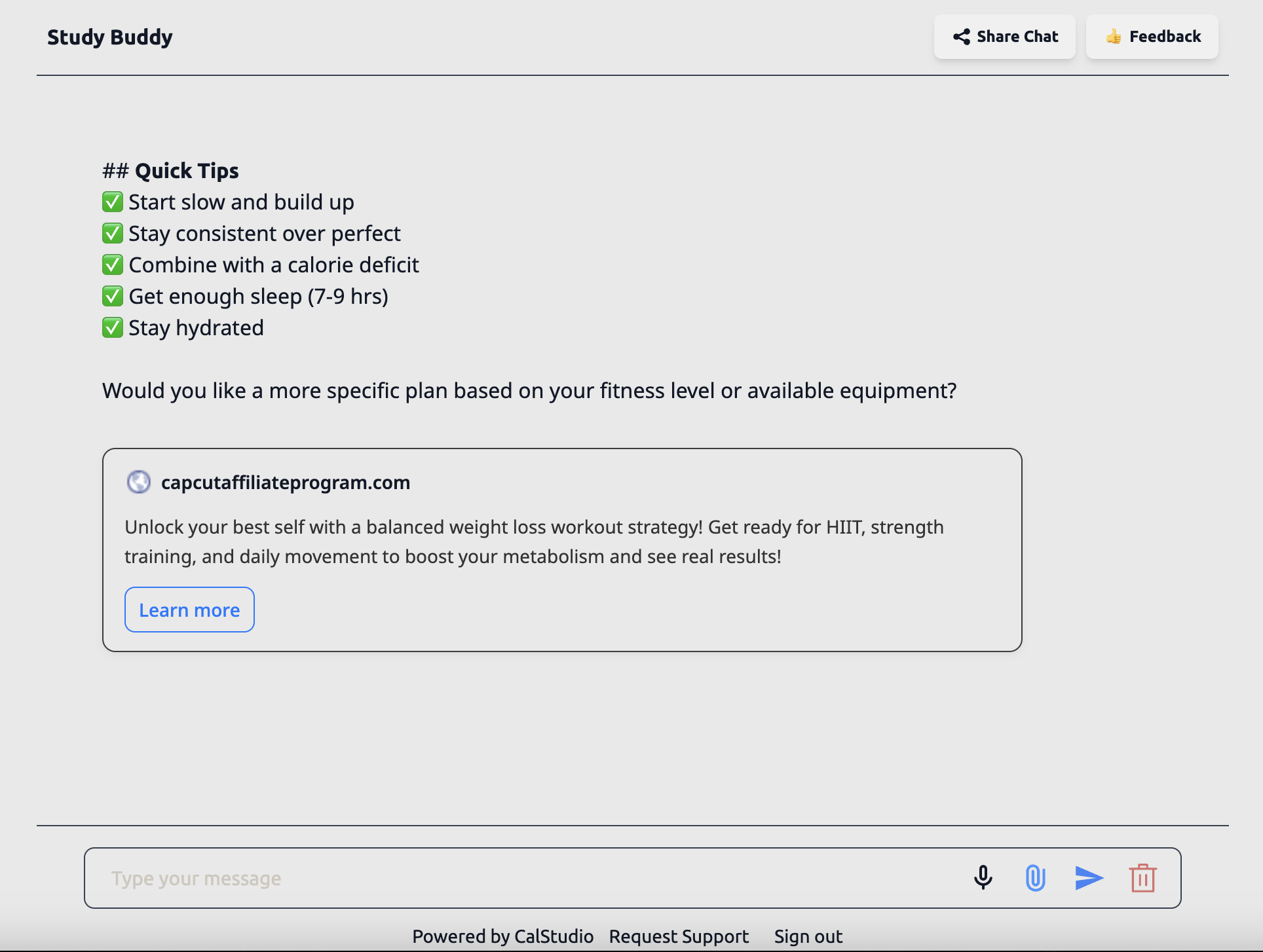 Contextual Koah Labs ad rendered inside a CalStudio chat
