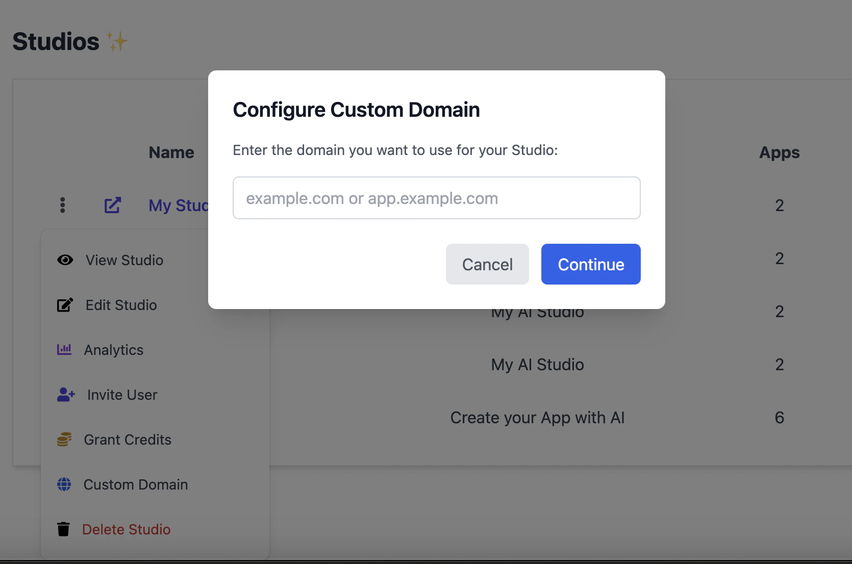 Configure Custom Domain modal with domain input field