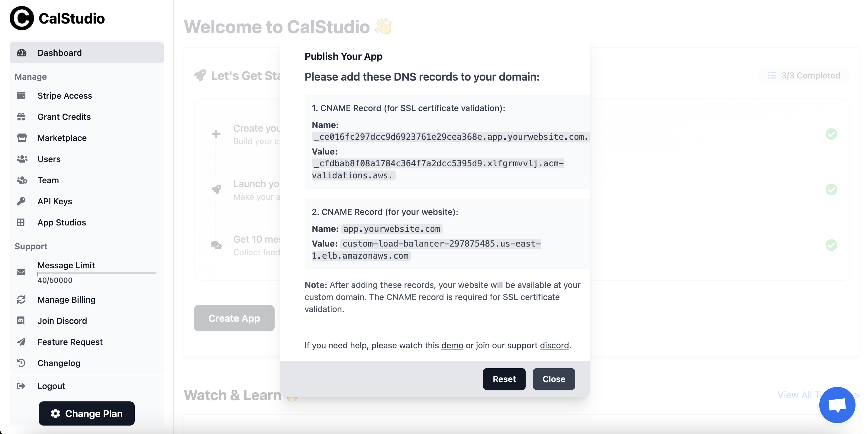 CalStudio Subdomain DNS Records Example