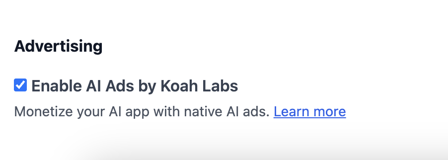 CalStudio app settings showing the Enable AI ads by Koah Labs toggle