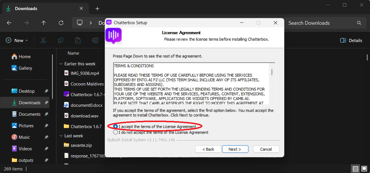 Meeting platform audio settings with Chatterbox Virtual Microphone selected